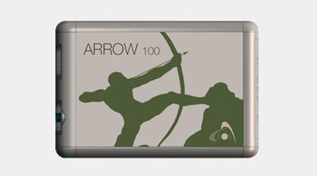 A silver colored GNSS receiver with a graphic of a green archer and the logo “Arrow 100”