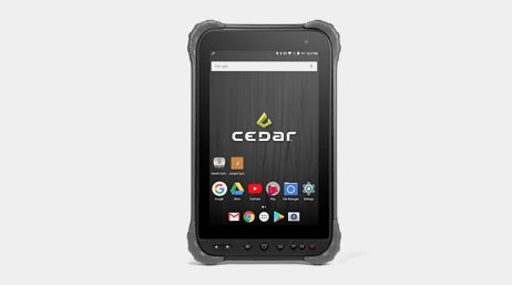 A black Juniper Systems Cedar CT8 rugged tablet displaying the home screen with apps and “Cedar” logo
