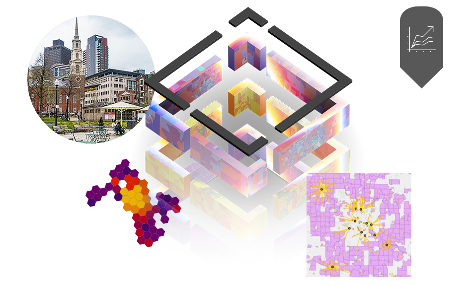 •	Multicolored 3D squares, round drawing of a city, a purple and yellow map and black data point icon on a background of gray 3D blocks