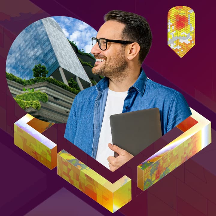 Framed by a stylized building and data point, a smiling, bearded user in a denim shirt holds a laptop and looks left