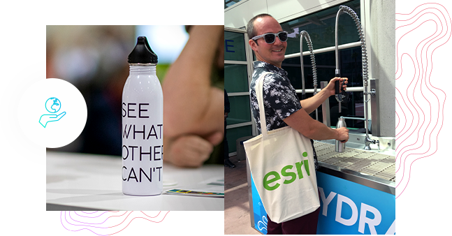 Medium shot of a reusable water bottle and a person with an Esri tote bag refilling a bottle at a hydration station