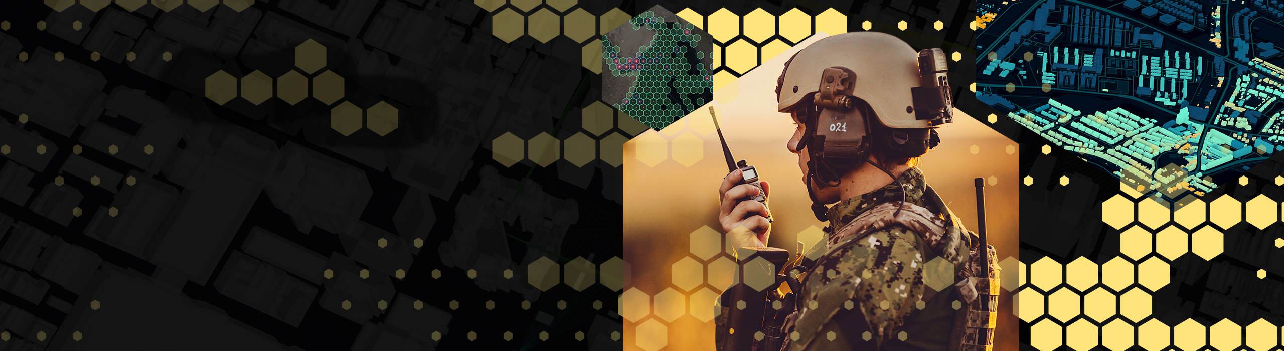 Helmeted person in a brown camouflage uniform uses a handheld radio; yellow polygons and a blue-shaded map in the background