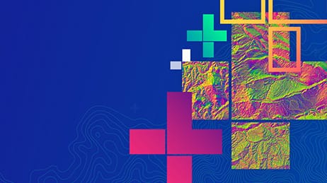 Blue background with topographical map lines, pink, green and yellow shapes, and colorful elevation relief map of a mountain range