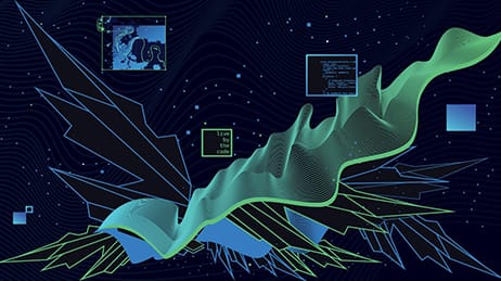 Dark blue background with light blue and green line waves and shapes, a square basemap, and text reading live by the code