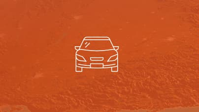 A simple line icon of the front view of a passenger vehicle in white lines on a orange background