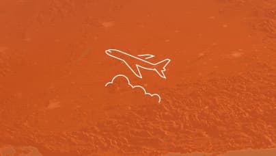 A simple line icon of the side view of an airplane over clouds in white lines on a orange background