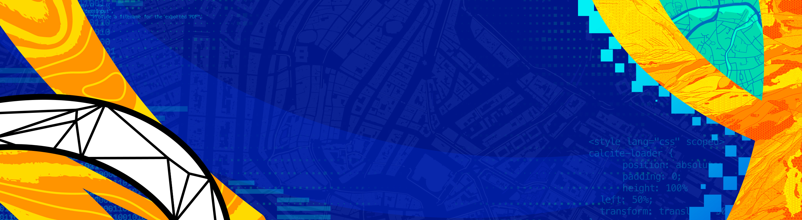 Colorful abstract artwork features a deep blue background with subtle map lines and digital code patterns
