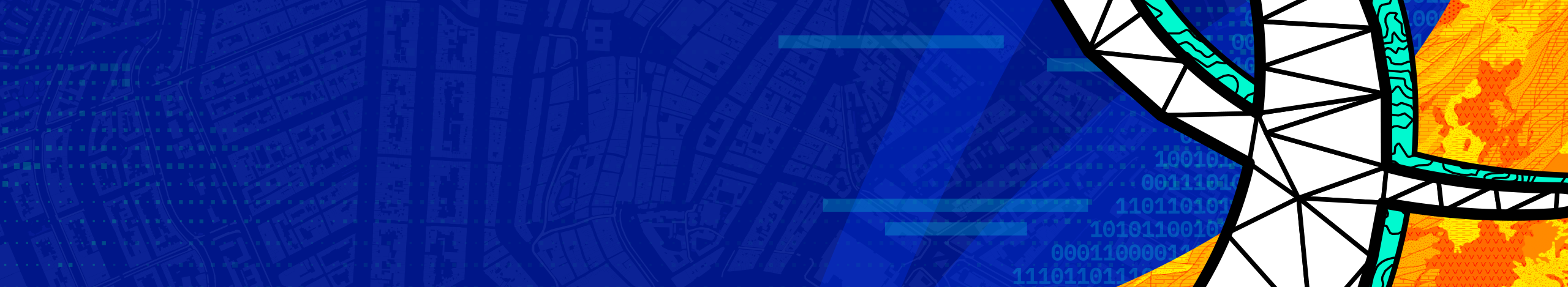 Wide horizontal banner featuring an abstract geometric figure on the right side, outlined in black with white and teal segments