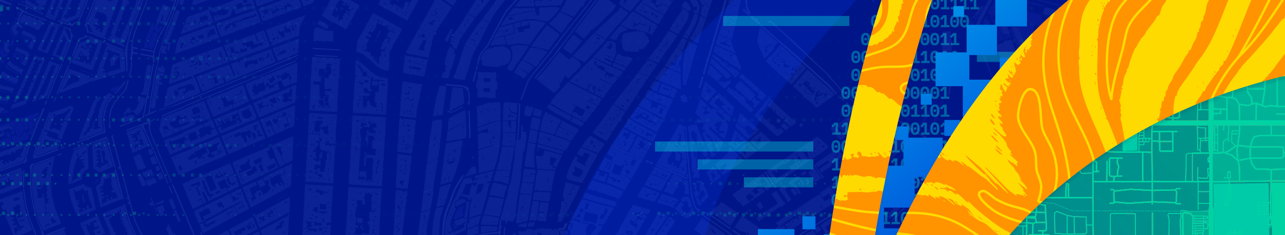 Horizontal abstract banner featuring bold blue and yellow shapes