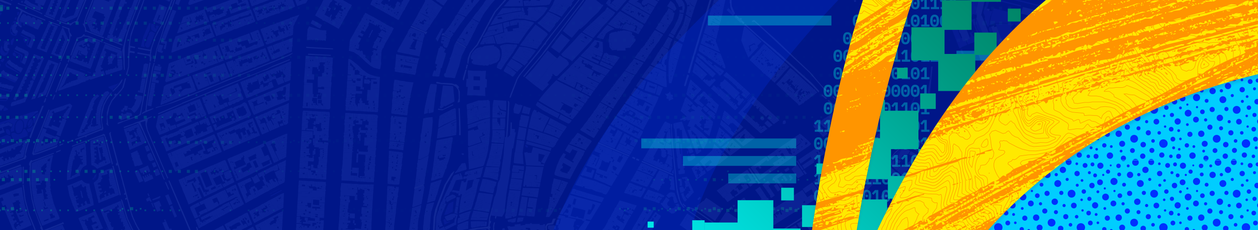 Abstract artwork featuring bold blue and yellow shapes with a dynamic, sweeping curve
