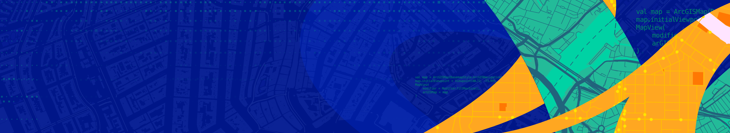 Wide abstract banner featuring a blue digital background with subtle map-like lines and street patterns