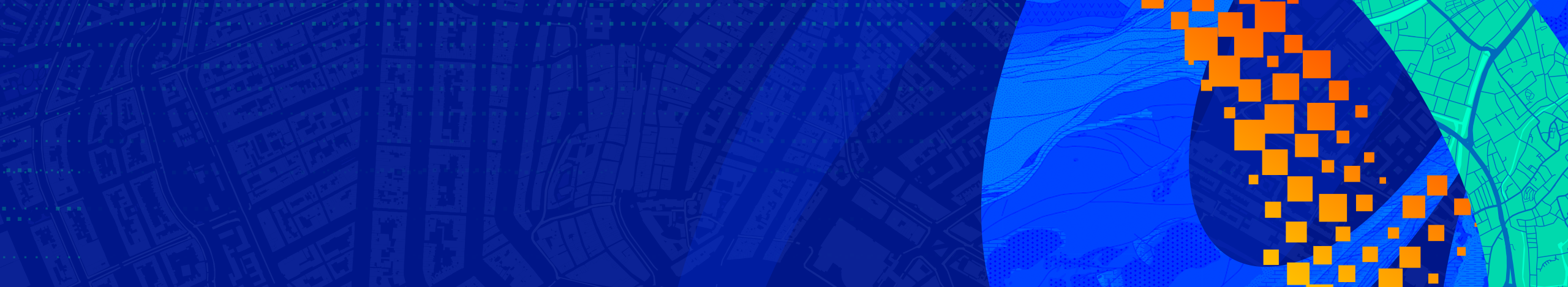 Wide abstract banner featuring a dark blue city map pattern on the left and bright geometric shapes on the right