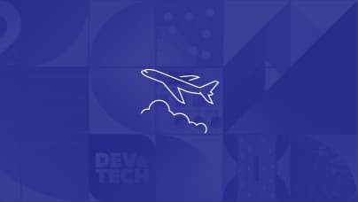 A simple line icon of the side view of an airplane over clouds in white lines on a purple background