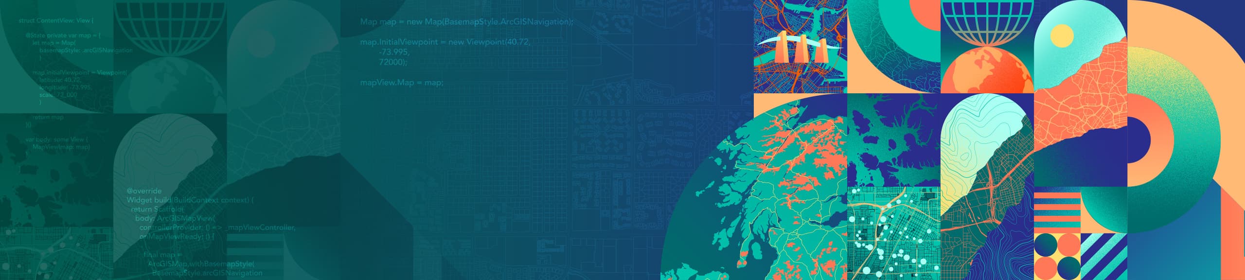 Colorful stylized graphics and illustrations of maps and mapping icons