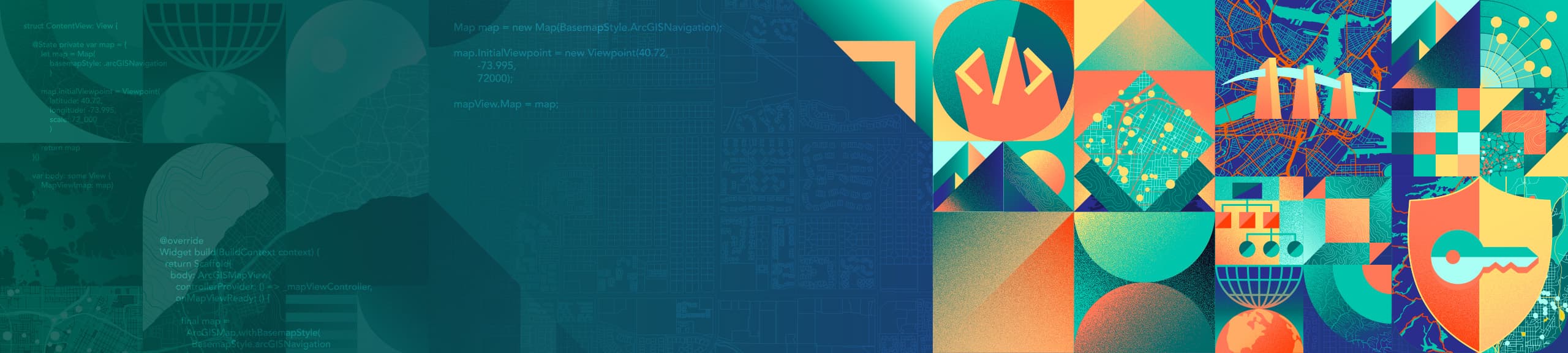 Colorful stylized graphics and illustrations of maps and technology icons