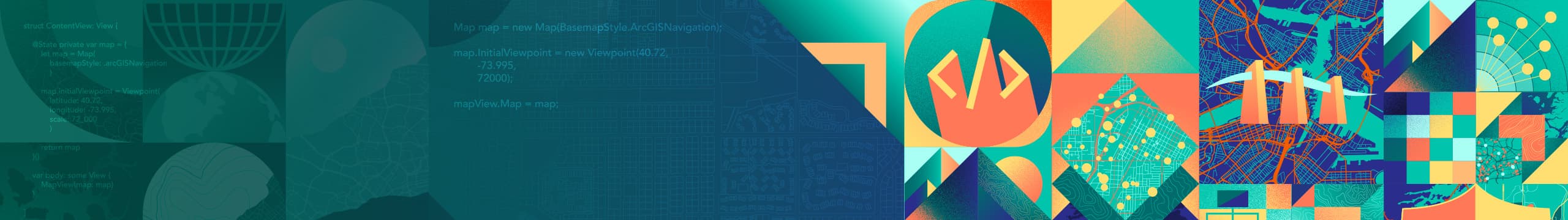 Waves of color interlaced under graphics of topographic and aerial view grid maps in shades of orange, yellow and light blue.