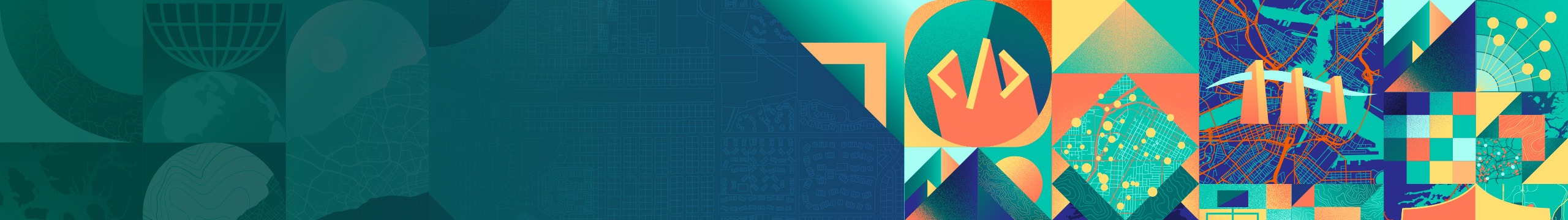 Waves of color interlaced under graphics of topographic and aerial view grid maps in shades of orange, yellow and light blue.