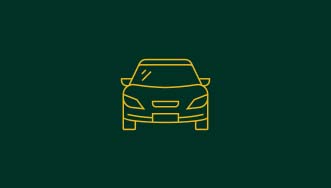A simple line icon of the front view of a passenger vehicle in yellow lines on a green background