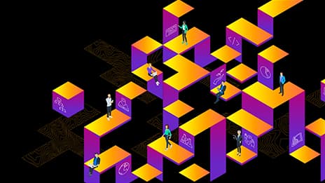 Ascending stacks of purple and black rectangular towers with gold tops, with drawings of people in various poses atop them