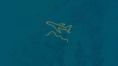 A simple line icon of the side view of an airplane over clouds in yellow lines on a blue background