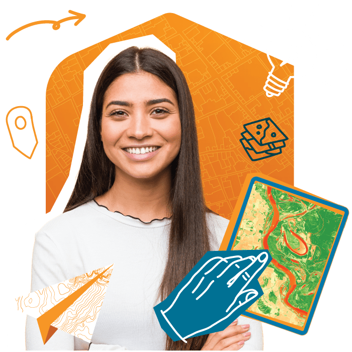 Smiling young person, map icons, a light bulb, and a hand pointing to a map on a tablet against a blue background with map elements