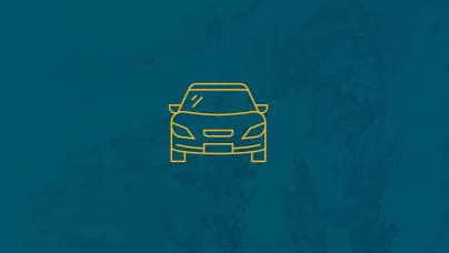 A simple line icon of the front view of a passenger vehicle in yellow lines on a blue background