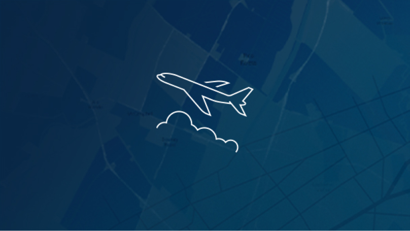 A simple line icon of the side view of an airplane over clouds in white lines on a blue background