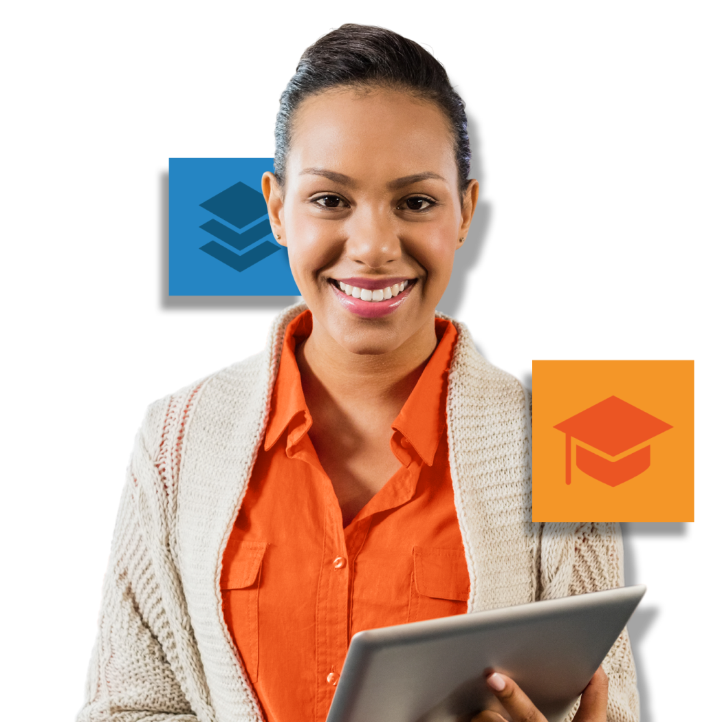 Smiling person holding a tablet with an icon of a graduation cap inside an orange square and an icon of three layered diamond-shaped squares inside a blue square