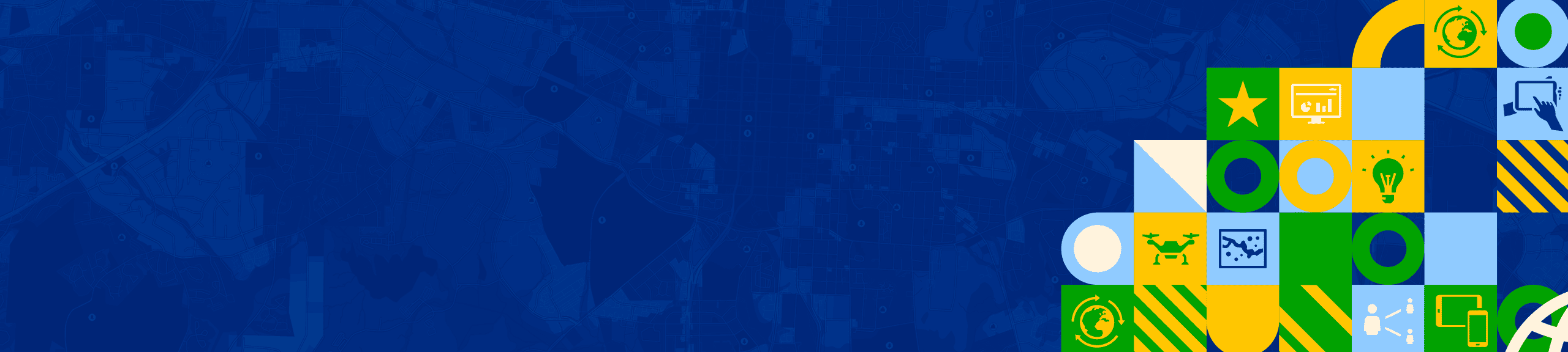 Colorful graphic with icons such as a globe and light bulb in green, yellow, and blue symbolizing global connectivity and technology