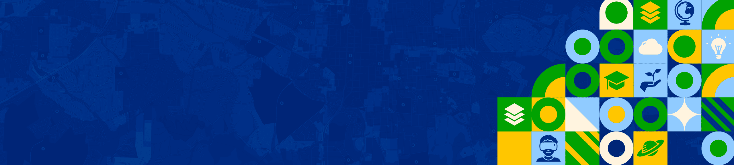 Colorful graphic with icons such as a globe and light bulb in green, yellow, and blue symbolizing global connectivity and technology