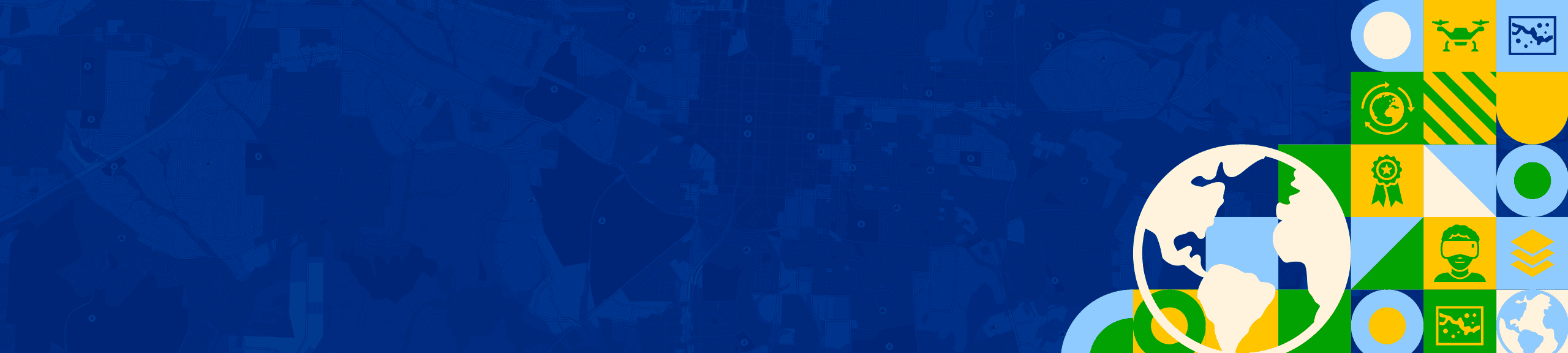 Colorful graphic featuring a globe and various geometric shapes and icons in green, yellow, and blue, symbolizing global connectivity and technology