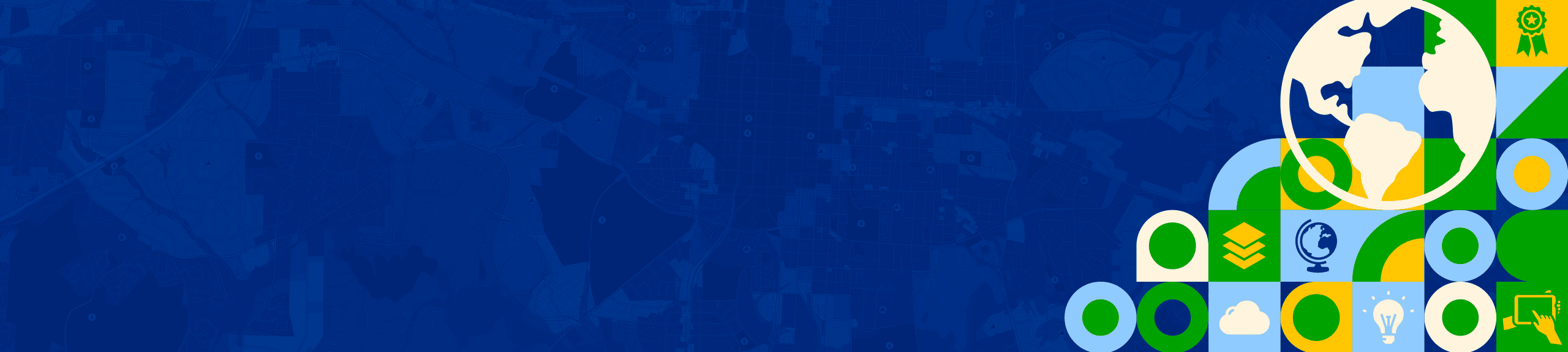 Colorful graphic with icons such as a globe and layers in green, yellow, and blue symbolizing global connectivity and technology