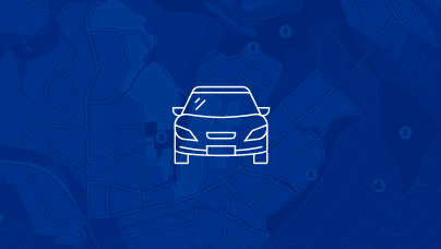 A simple line icon of the front view of a passenger vehicle in white lines on a dark blue background