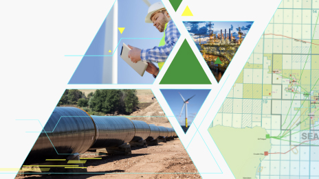 Mosaic of an oil rig, a pipeline, a worker in a hardhat holding a tablet, a wind turbine, and a simple map with a numbered grid