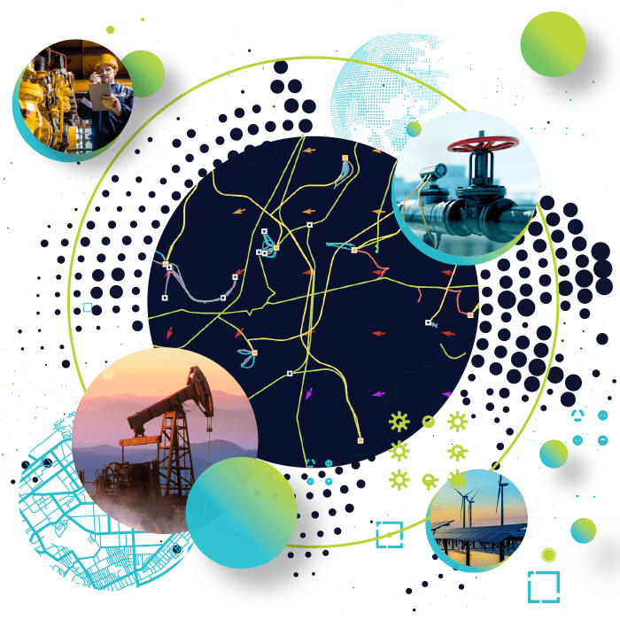 Montage of energy activities, including a pumpjack, wind farm, solar panels, pipeline, and a worker in a hard hat using a tablet