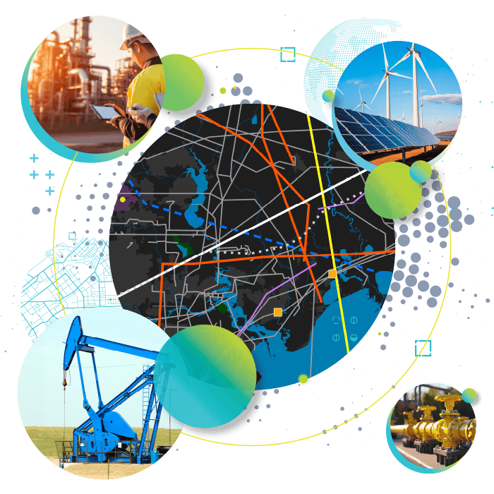 Mapping graphics and photos of an oil refinery, windmills and solar panels, a pipe valve, and a person performing an inspection of machinery