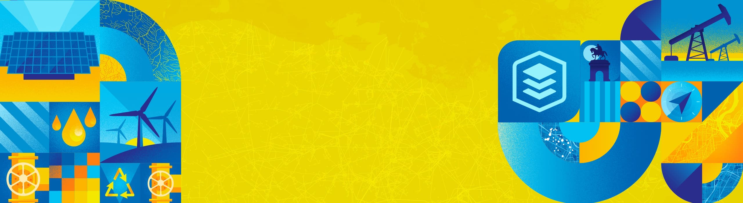 Stylized graphics with icons such as a flame, oil rigs, and solar panels in a blue and yellow color scheme