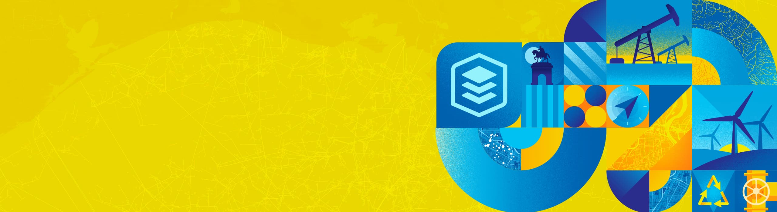 Stylized graphics with icons such as a flame, oil rigs, and solar panels in a blue and yellow color scheme