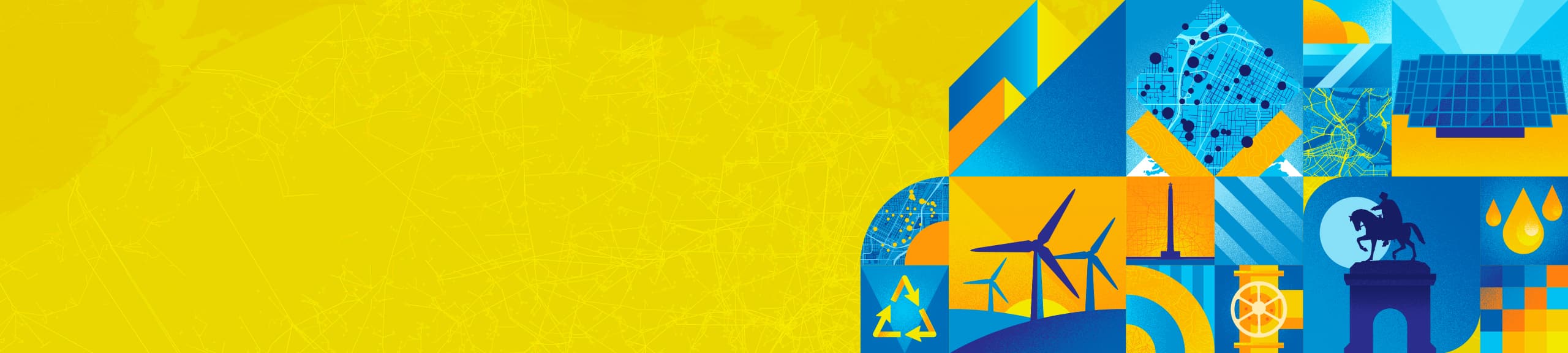 Stylized graphics with icons such as GIS maps and wind turbines in a blue and yellow color scheme
