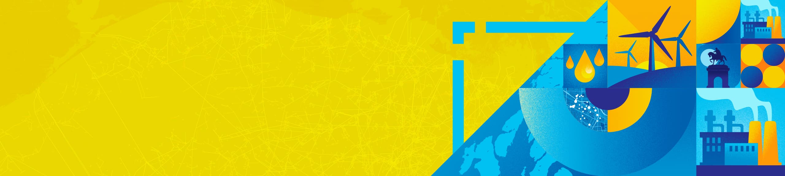 Stylized graphics with icons such as a lightning bolt, flame, and maps in a blue and yellow color scheme