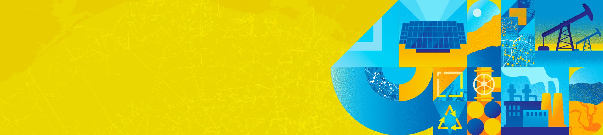 Stylized graphics with icons such as a water droplet and wind turbines in a blue and yellow color scheme