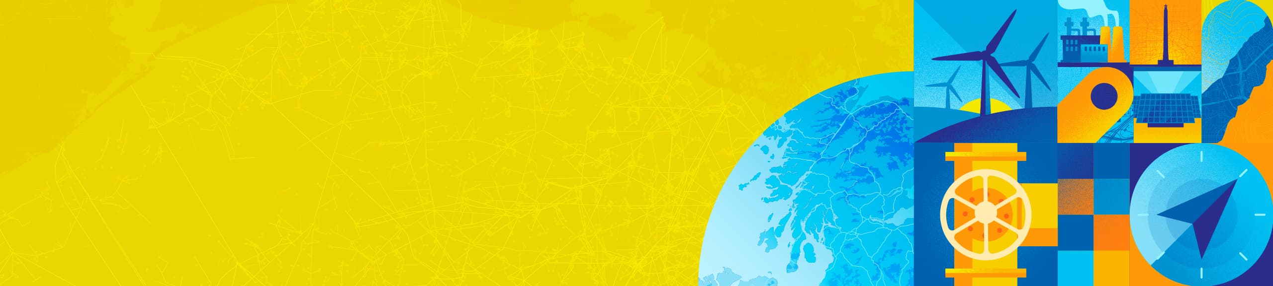 Stylized graphics with icons such as a water droplet and wind turbines in a blue and yellow color scheme