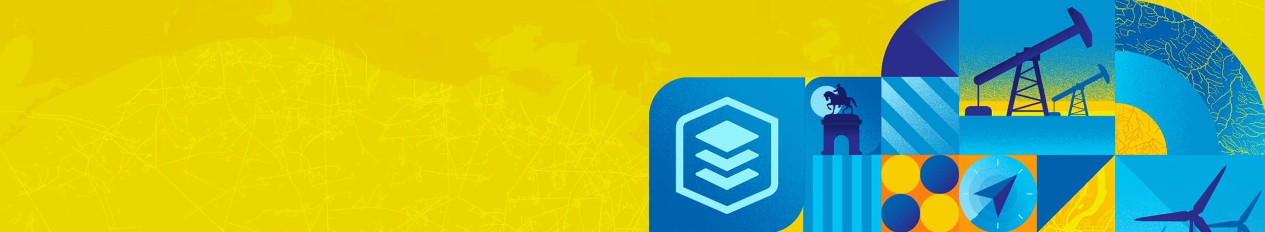 Stylized graphics with icons such as a flame, oil rigs, and solar panels in a blue and yellow color scheme
