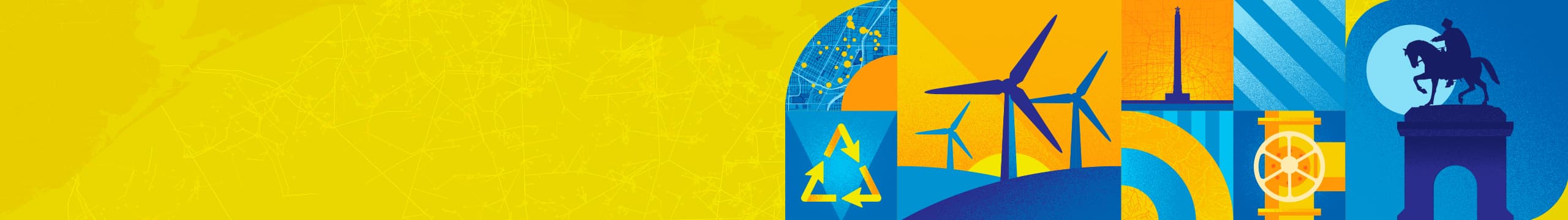 Energy photo montage showing a pipeline, a pumpjack, a worker in a hard hat, wind turbines, and a solar array