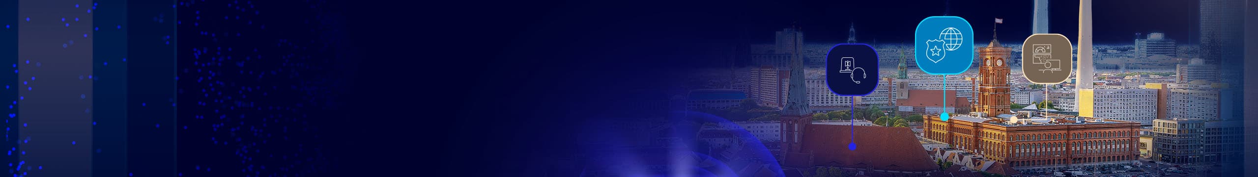 Berlin skyline with old and new buildings, overlaid with icons representing emergency services, drones, and computer monitoring.