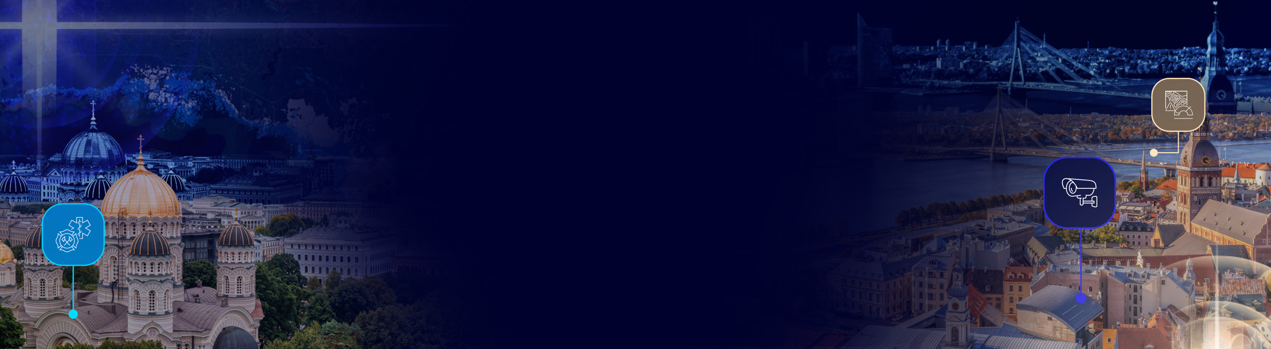 Esri European National Security Summit banner: a European city along a river, with icons for communications and surveillance