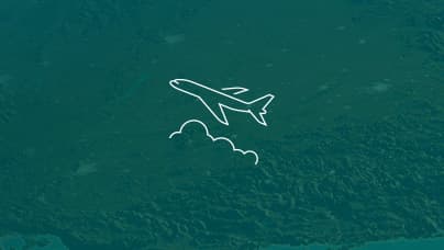 A simple line icon of the side view of an airplane in white lines on a green background