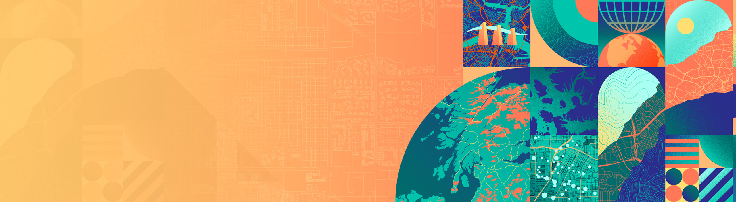 Colorful graphics and icons combining geometric shapes with maps and stylized aerial imagery