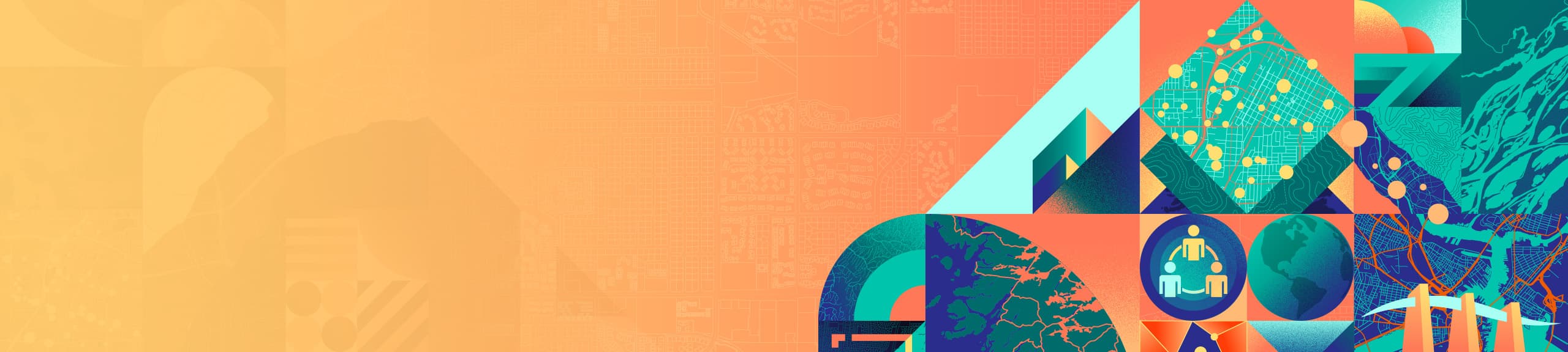 Colorful graphics and icons combining geometric shapes with maps and stylized aerial imagery