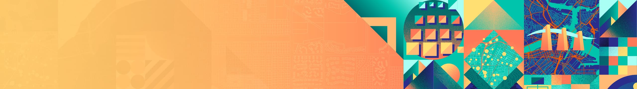 Colorful graphics and icons combining geometric shapes with maps and stylized aerial imagery